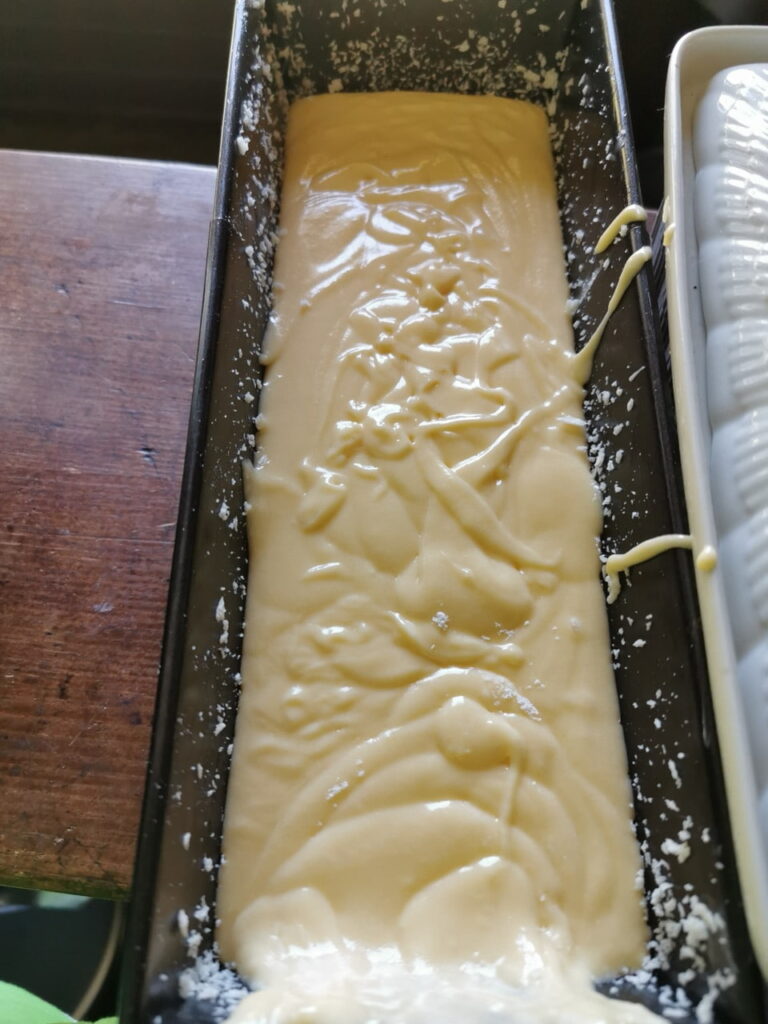 Batter in a cake form.
