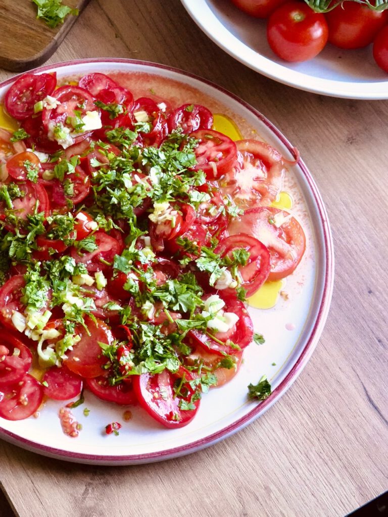 Tomato carpaccio with ginger and sherry vinegar, inspired by Ottolenghi