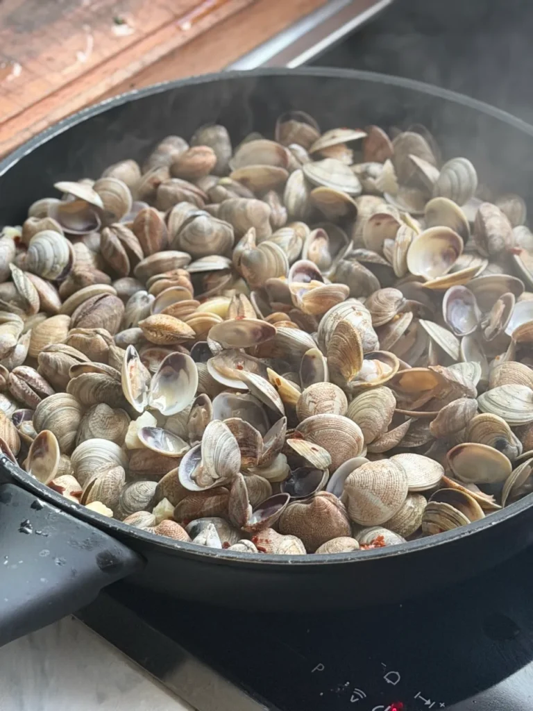 Vongole öffnen sich in der Pfanne mit Weisswein nah
